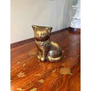 Mid Century Brass Cat with Floral Collar Figurine 4.5"